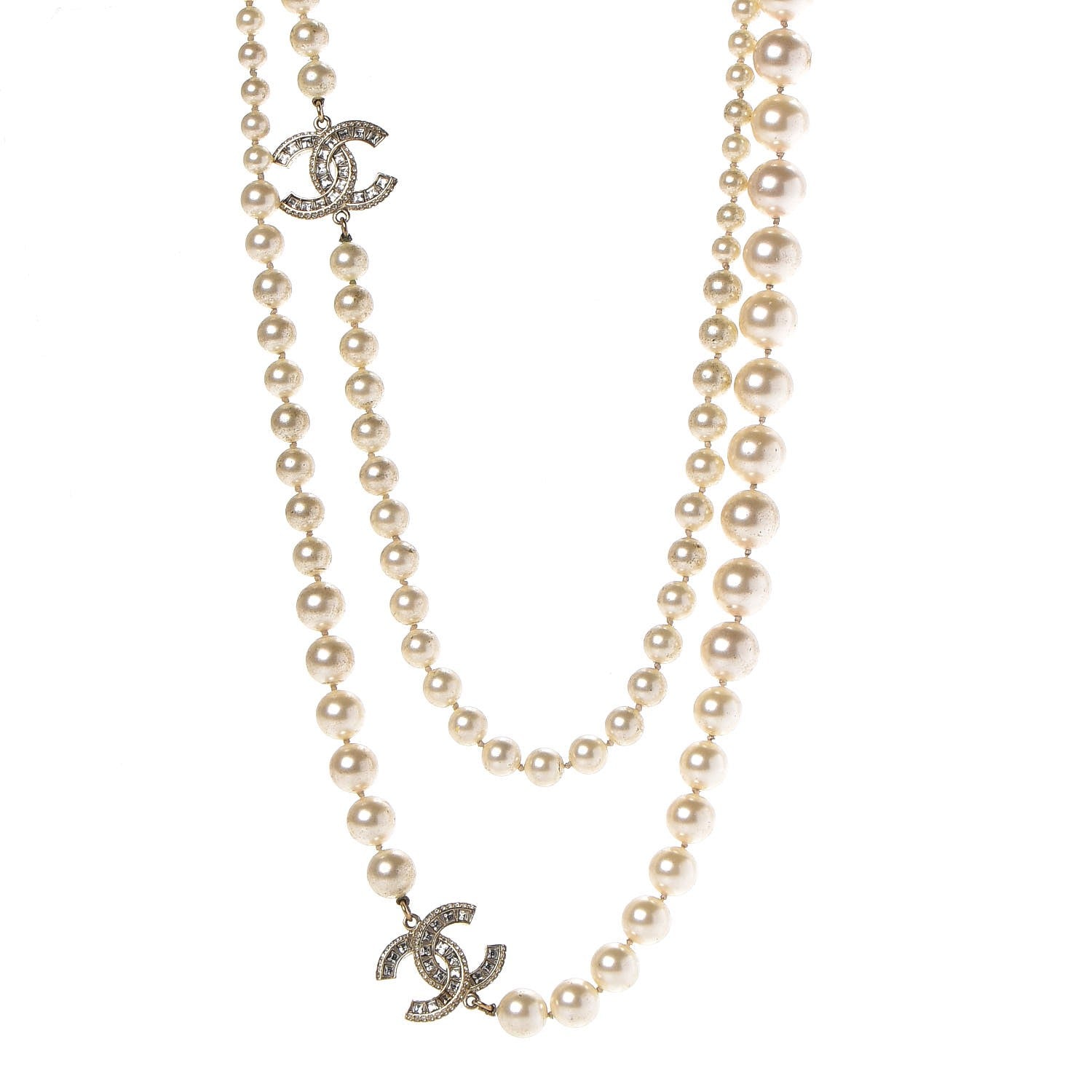 Chanel Graduated Pearl Crystal CC Long Necklace Light Gold 1 of 8