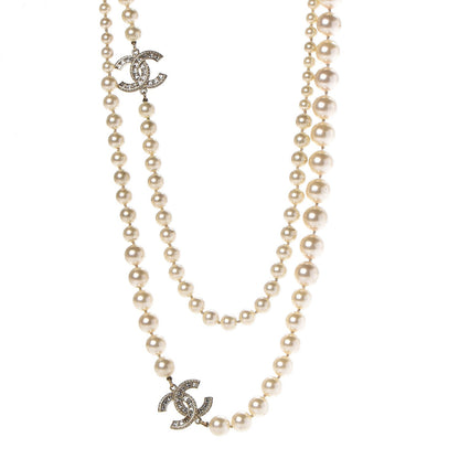 Chanel Graduated Pearl Crystal CC Long Necklace Light Gold 1 of 8