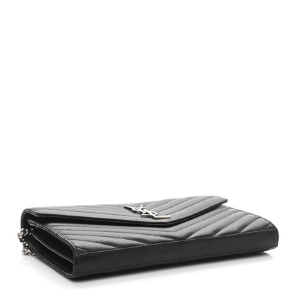 Saint Laurent Grain De Poudre Matelasse Chevron Monogram Chain Wallet Black 3 of 10