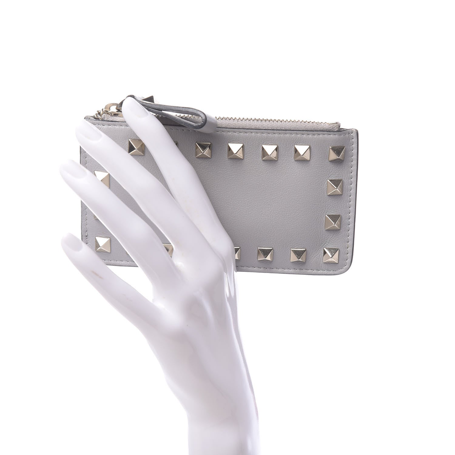 Valentino Garavani Vitello Rockstud Key Coin Case Card Holder Grey 2 of 9