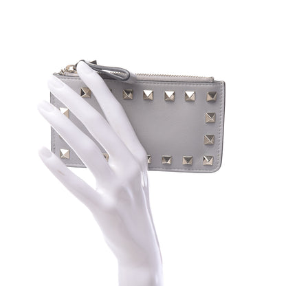 Valentino Garavani Vitello Rockstud Key Coin Case Card Holder Grey 2 of 9