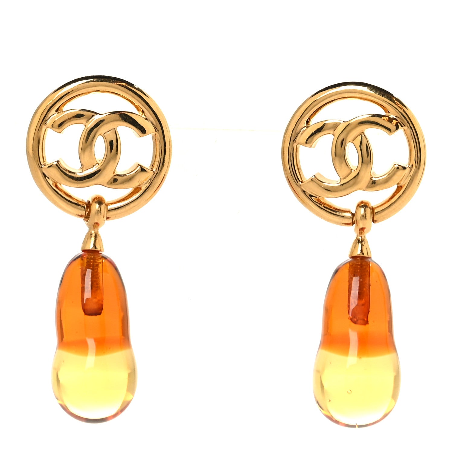 Chanel Metal Resin CC Drop Earrings Gold Brown 1 of 4
