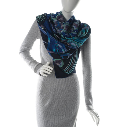 Hermes Cashmere Silk Le Laboratoire du Temps Shawl 140 Caban Turquoise Bleu 2 of 7
