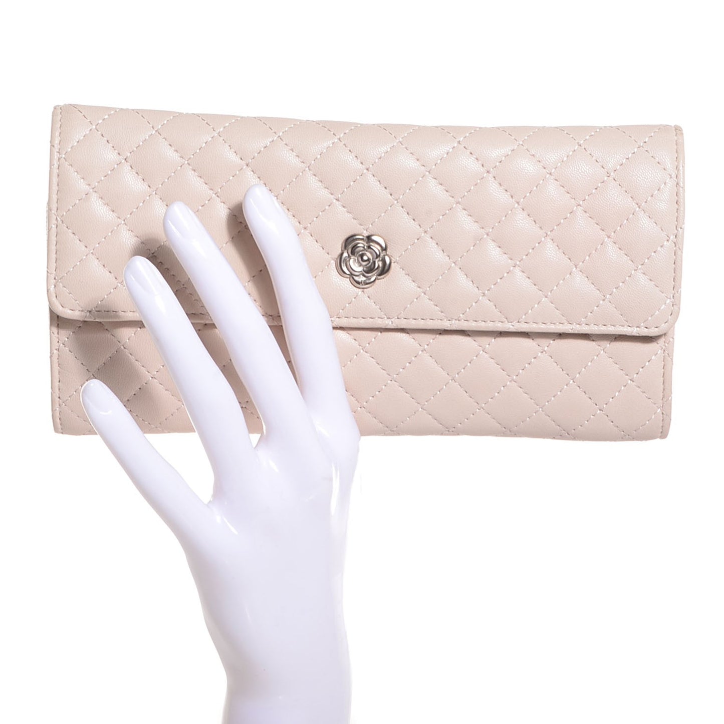 Lambskin Quilted Camellia Tri Fold Jewelry Case Light Pink