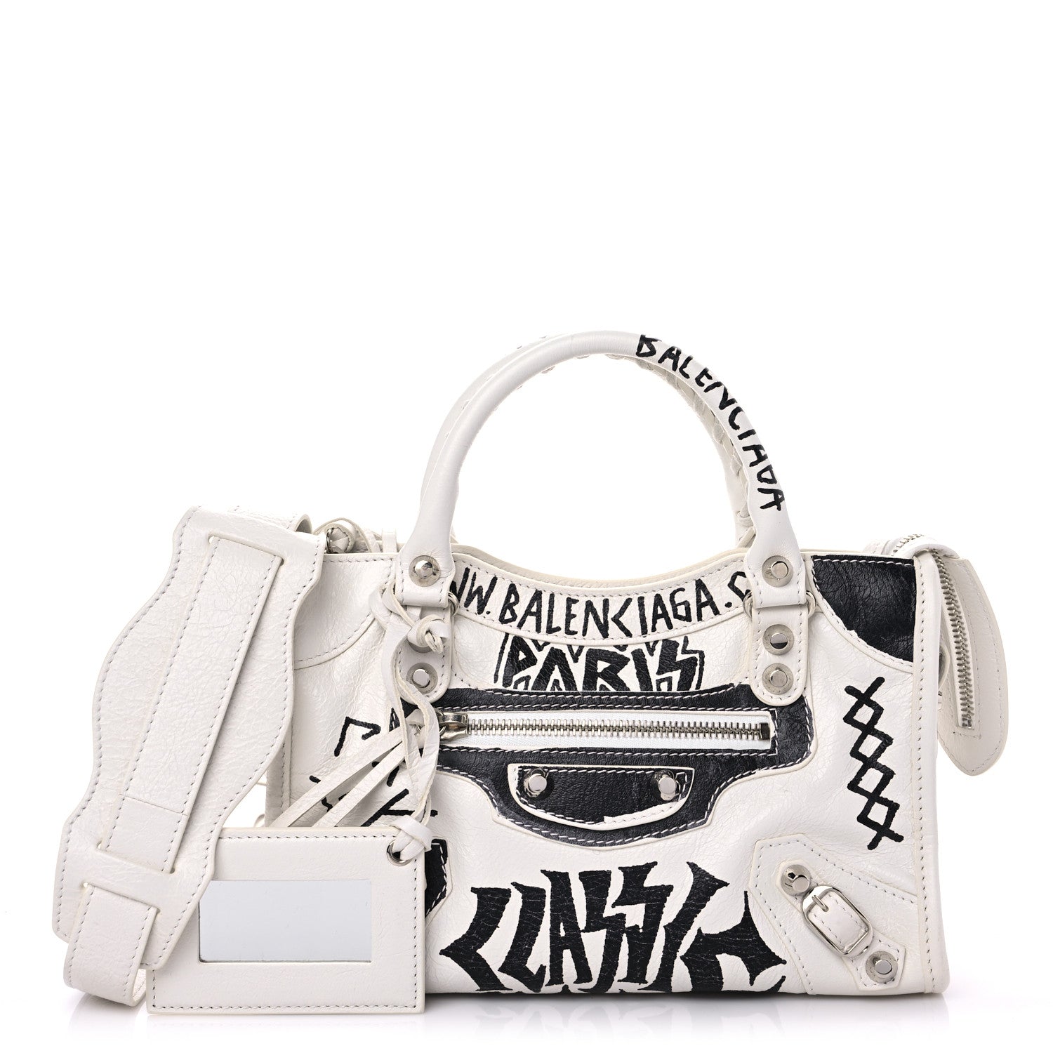 Balenciaga Agneau Arena Graffiti All Over Classic Silver Hardware Mini City White Black 1 of 13