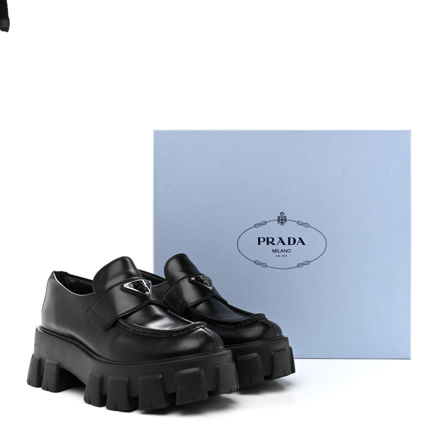 Prada Spazzolato Rois Metal Triangle Logo Monolith 55mm Loafers 38.5 Black 37.5 Black 11 of 11