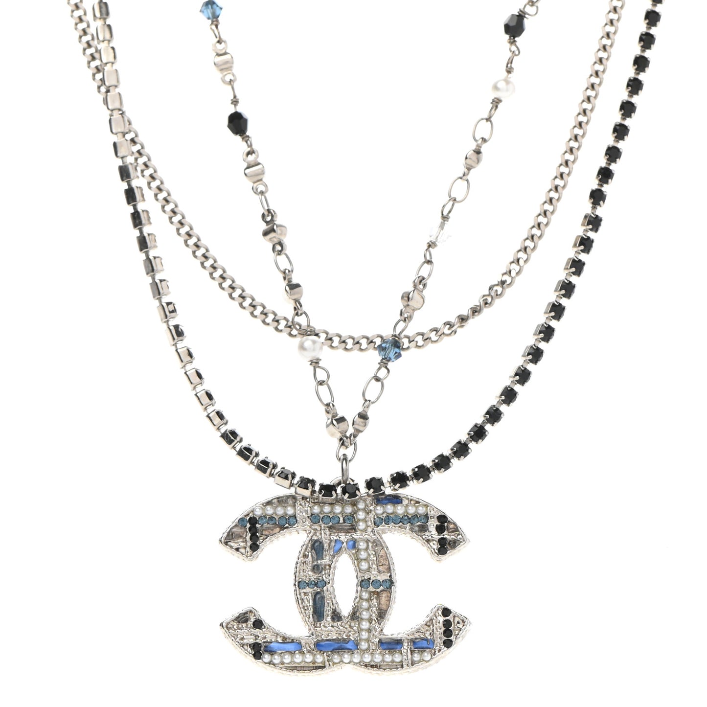 Crystal Pearl Tweed Effect Multi Strand CC Short Necklace Silver Blue Black