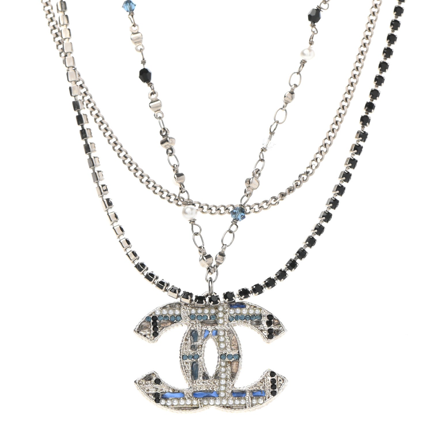 Chanel Crystal Pearl Tweed Effect Multi Strand CC Short Necklace Silver Blue Black 4 of 7