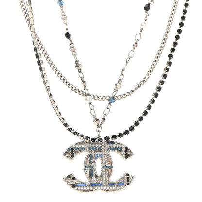 Chanel Crystal Pearl Tweed Effect Multi Strand CC Short Necklace Silver Blue Black 4 of 7