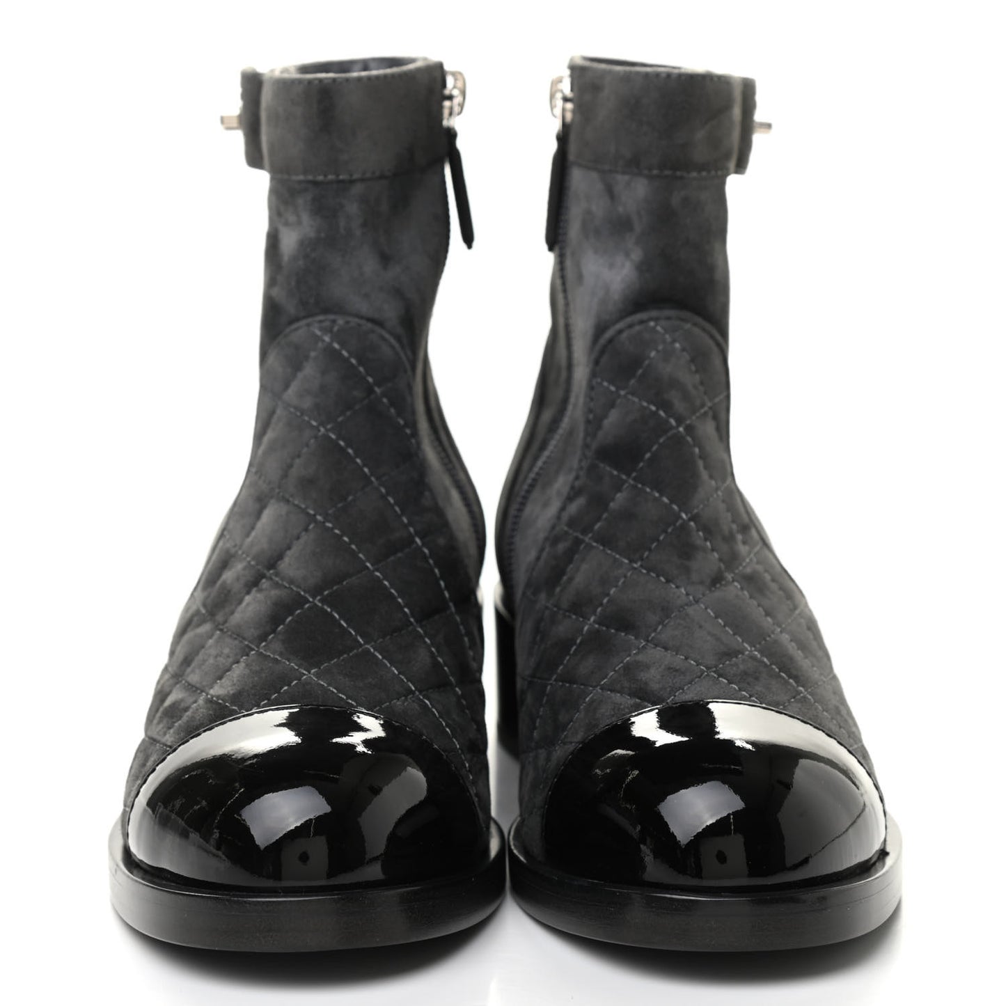 Suede Patent Calfskin Quilted Cap Toe Short Boots 37 Gray Black