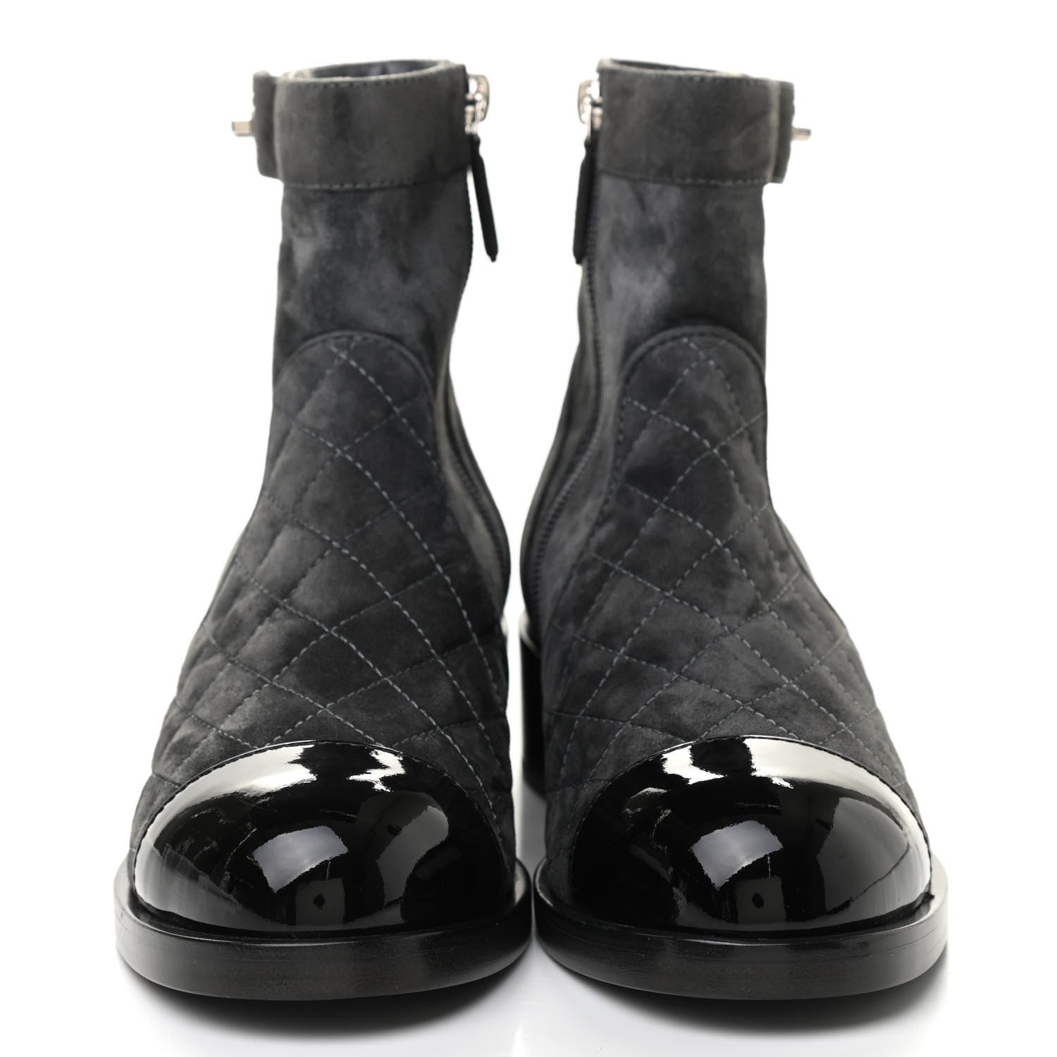 Chanel Suede Patent Calfskin Quilted Cap Toe Short Boots 37 Gray Black 2 of 8