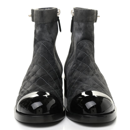 Chanel Suede Patent Calfskin Quilted Cap Toe Short Boots 37 Gray Black 2 of 8