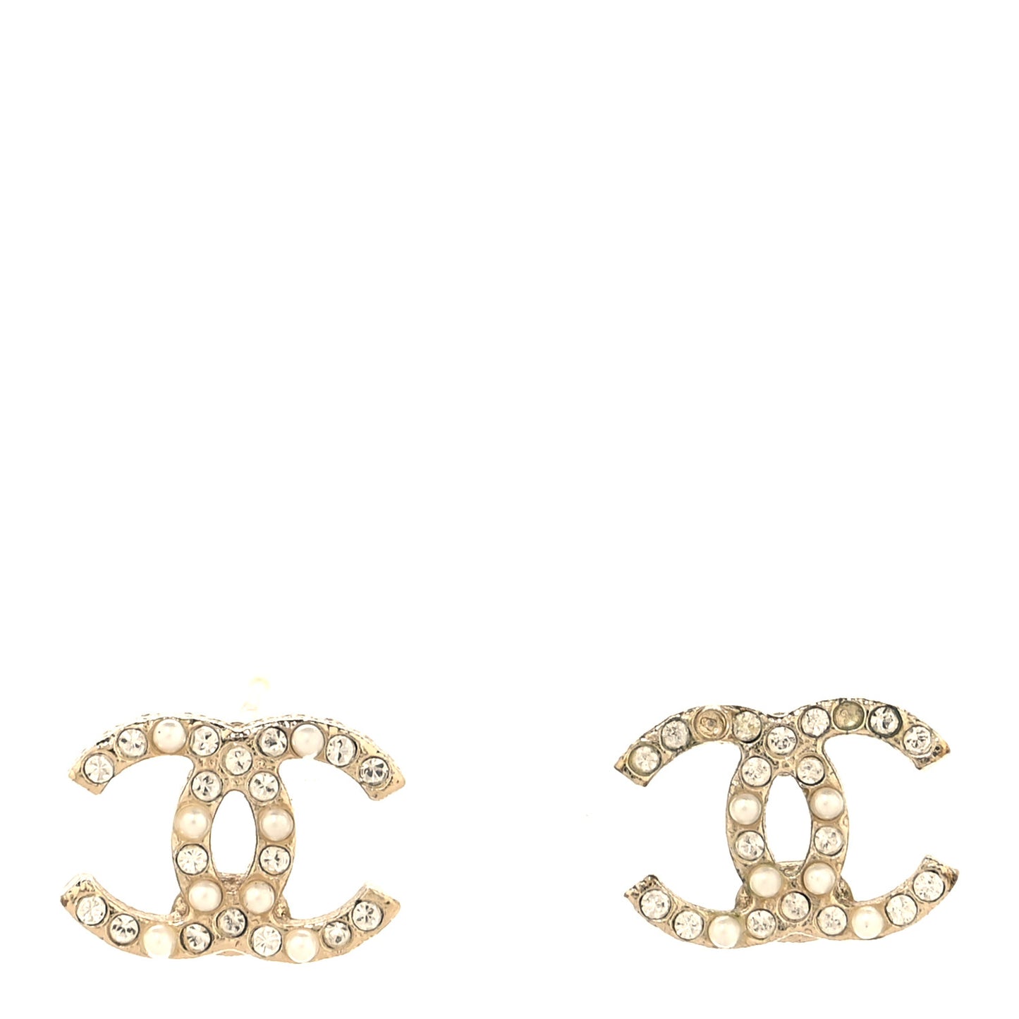 Pearl Crystal CC Charms Stud Earrings Light Gold