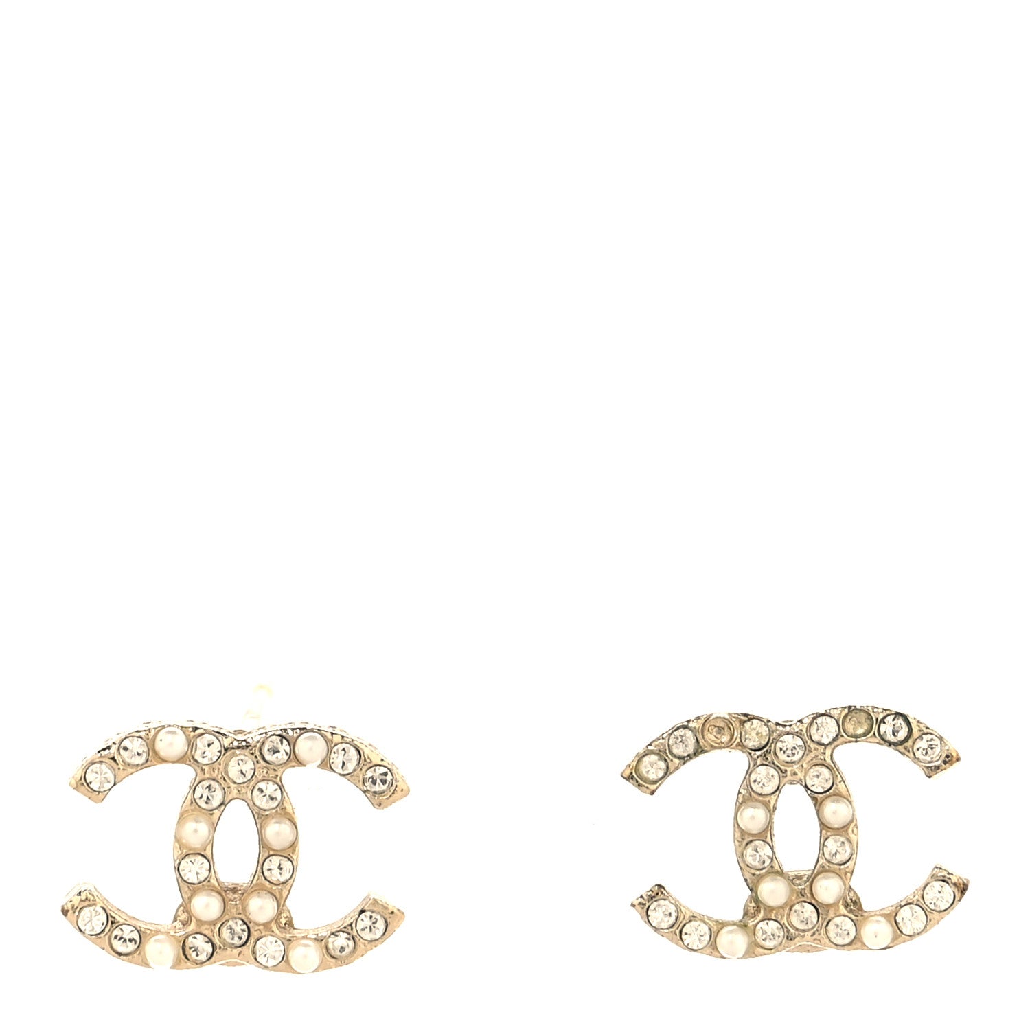 Chanel Pearl Crystal CC Charms Stud Earrings Light Gold 1 of 7