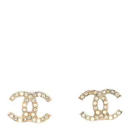 Chanel Pearl Crystal CC Charms Stud Earrings Light Gold 1 of 7