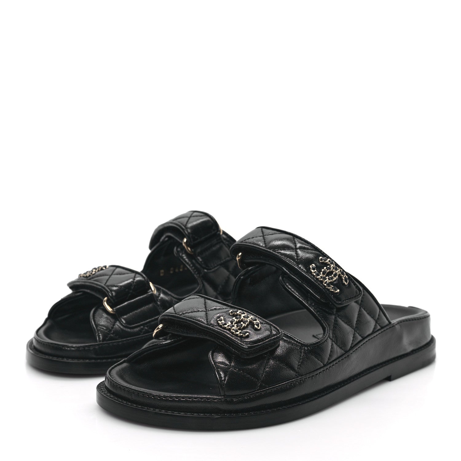 Chanel Lambskin Quilted Velcro Dad Chain CC Slide Sandals 35 Black 3 of 9