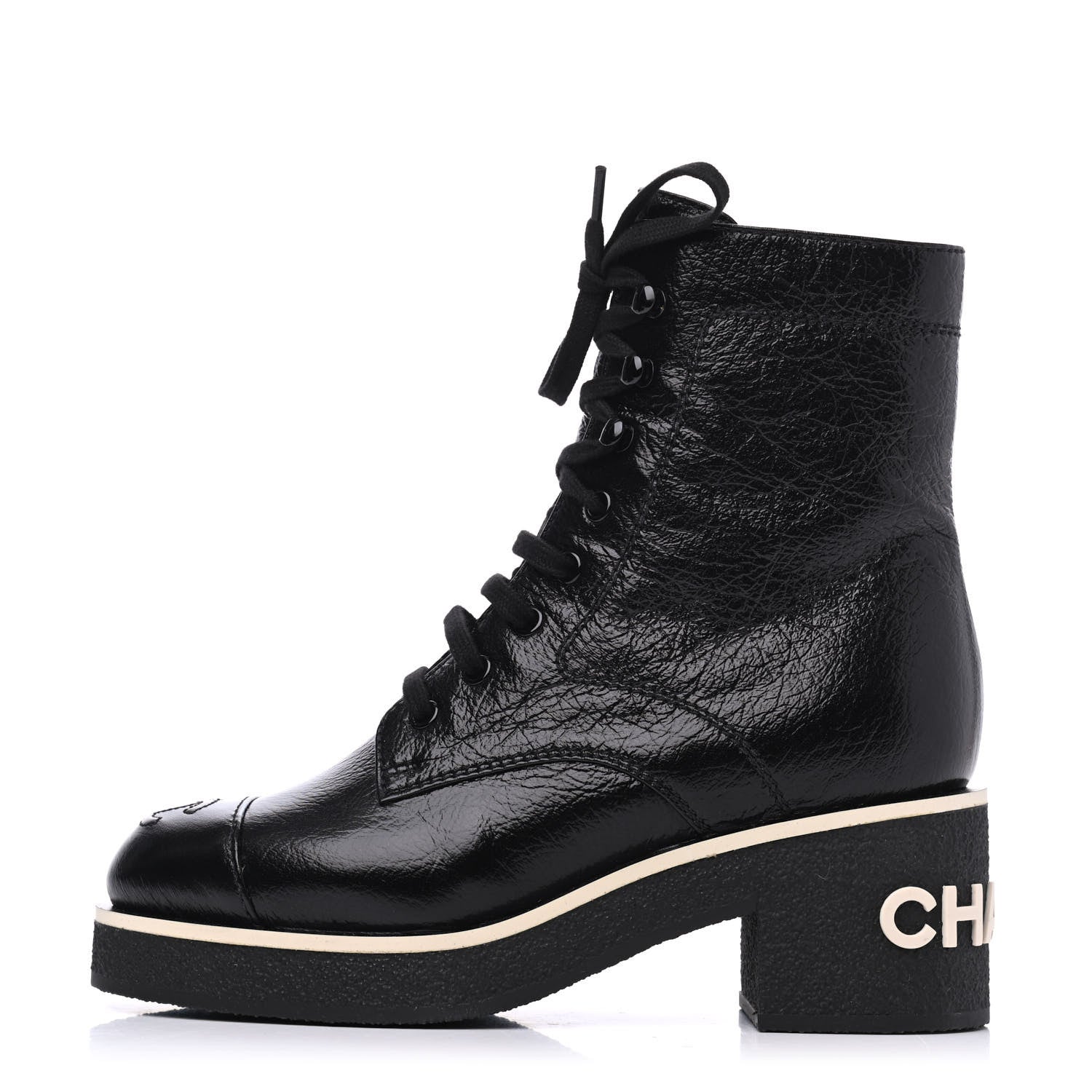 Chanel Shiny Crumpled Lambskin Lace Up Combat Boots 35.5 Black 1 of 13