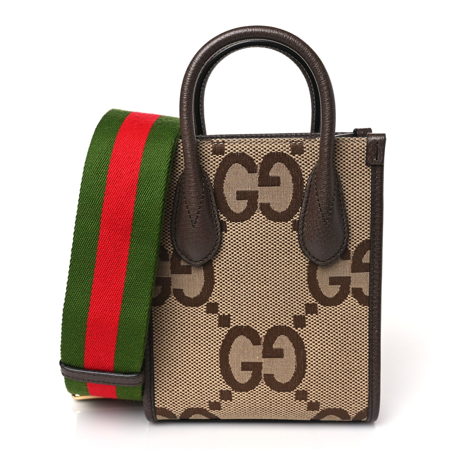 Monogram Jumbo GG Textured Dollar Calfskin Web Mini Vertical Tote Camel Ebony New Acero