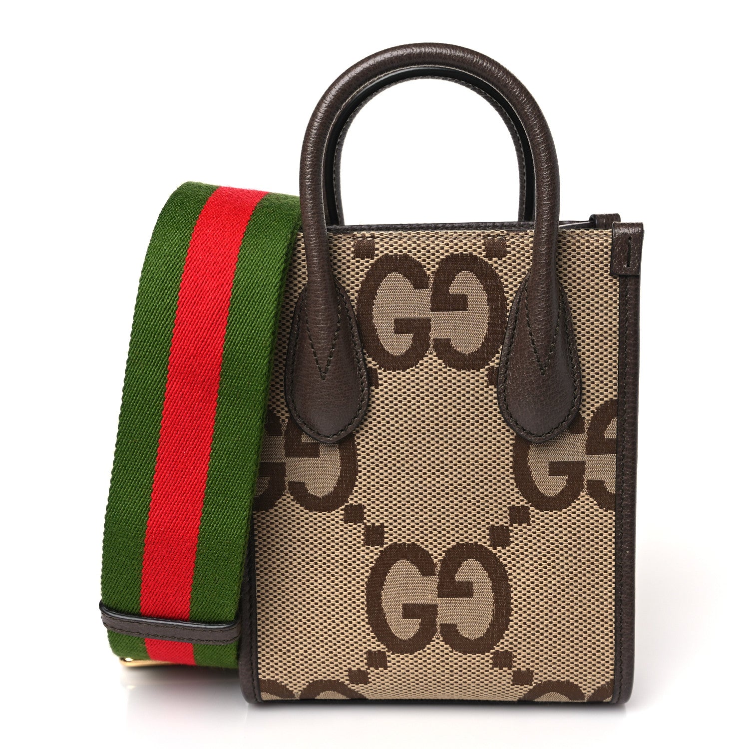 Gucci Monogram Jumbo GG Textured Dollar Calfskin Web Mini Vertical Tote Camel Ebony New Acero 1 of 8
