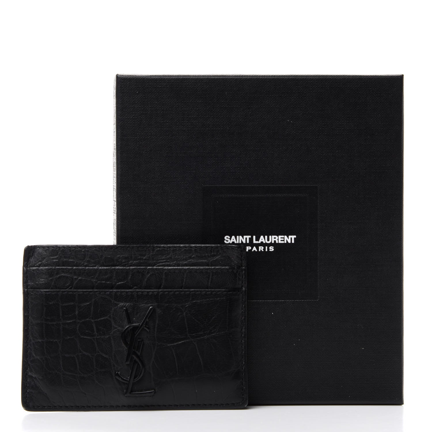 Saint Laurent Calfskin Crocodile Embossed Monogram Credit Card Case Black 7 of 7