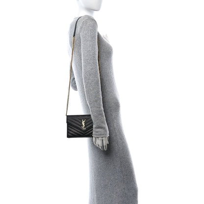 Saint Laurent Grain De Poudre Matelasse Chevron Monogram Envelope Chain Wallet Black 3 of 10