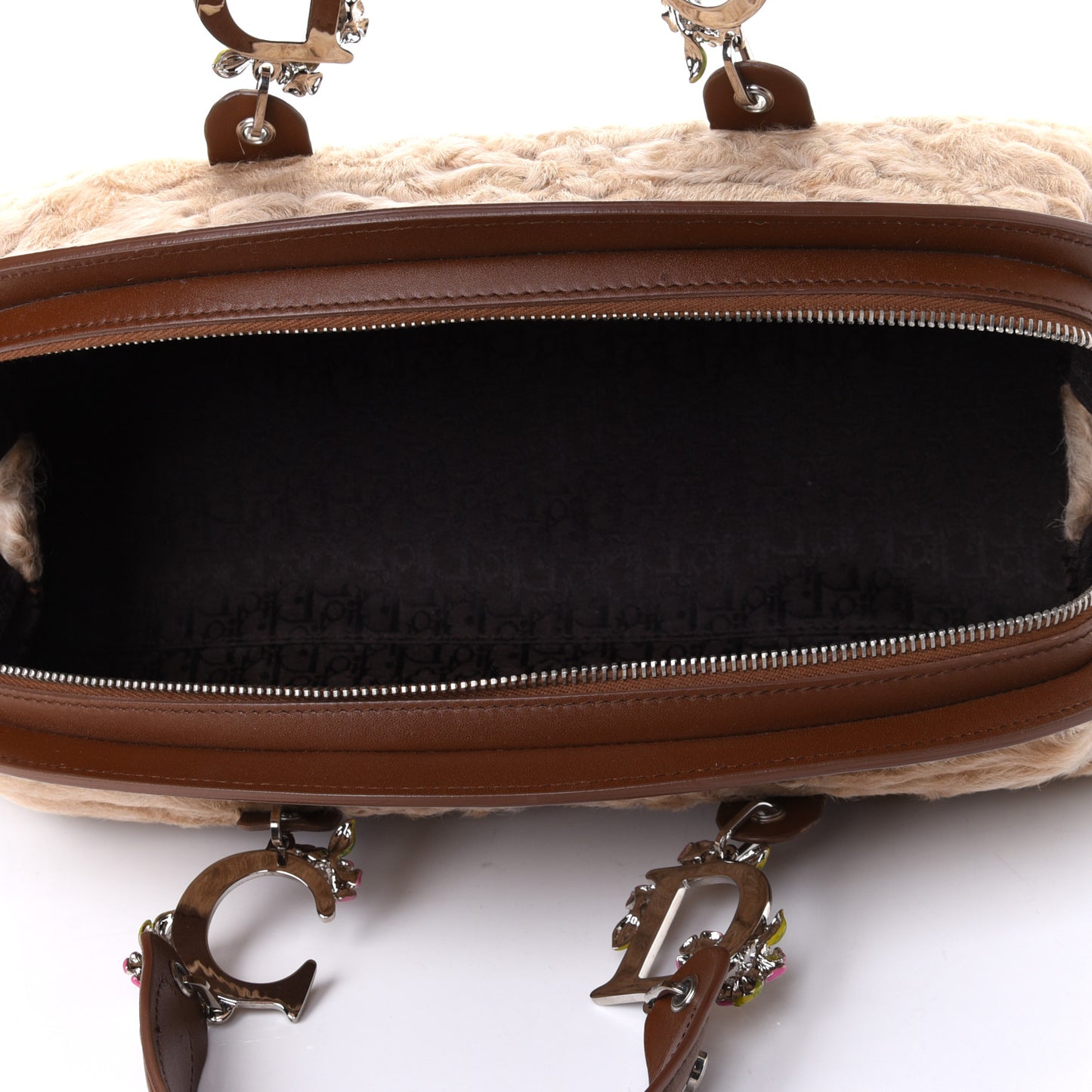 Astrakhan Calfskin Enamel Flower Medium Frame Satchel Beige