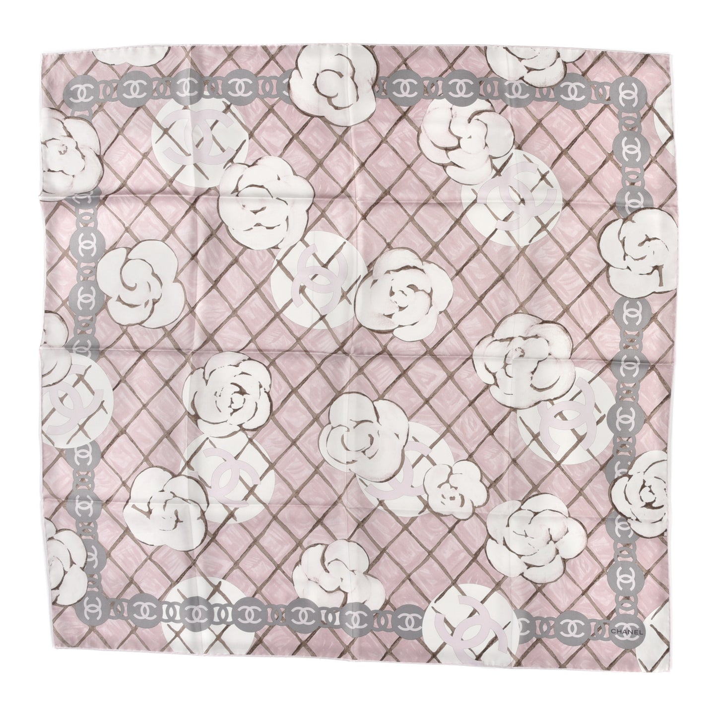 Silk CC Logo Camellia Scarf White Pink