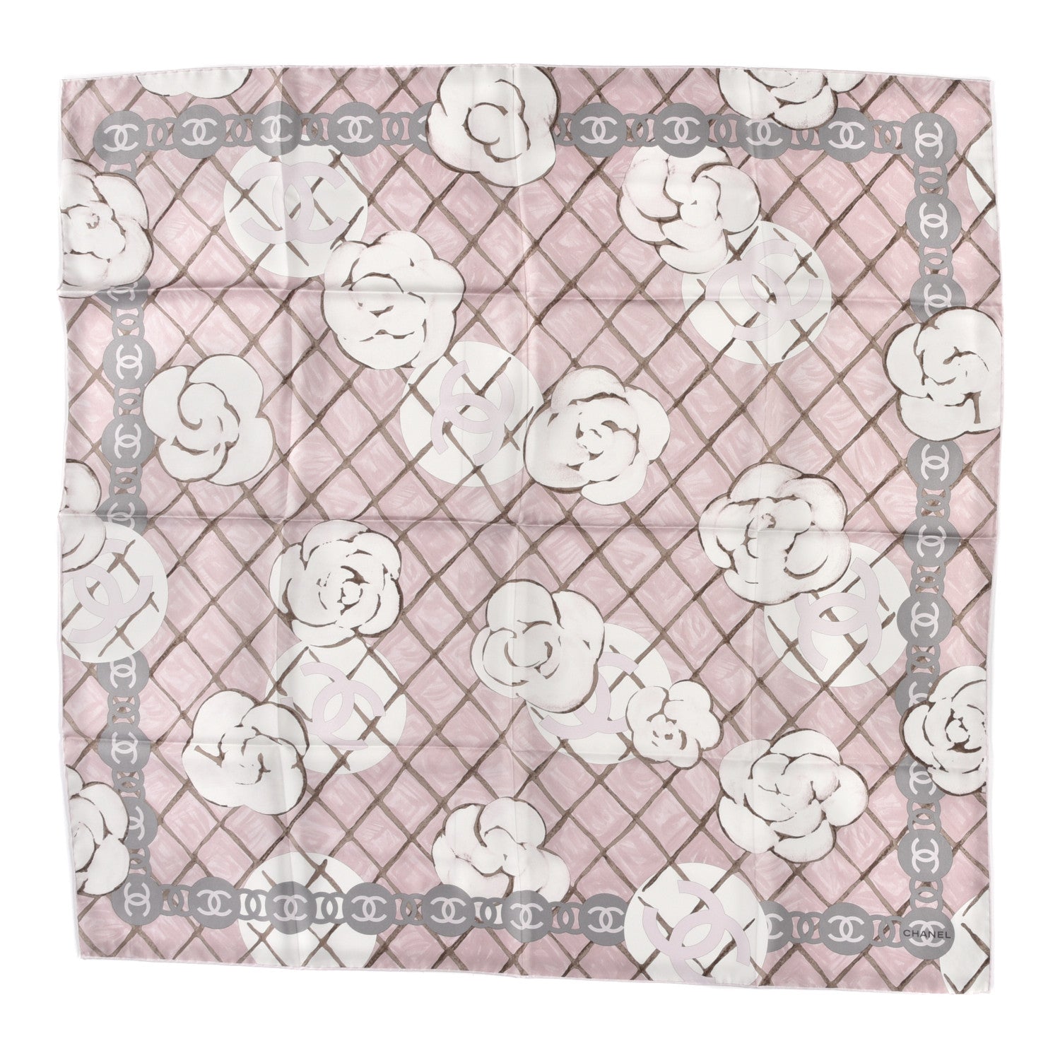 Chanel Silk CC Logo Camellia Scarf White Pink 1 of 4