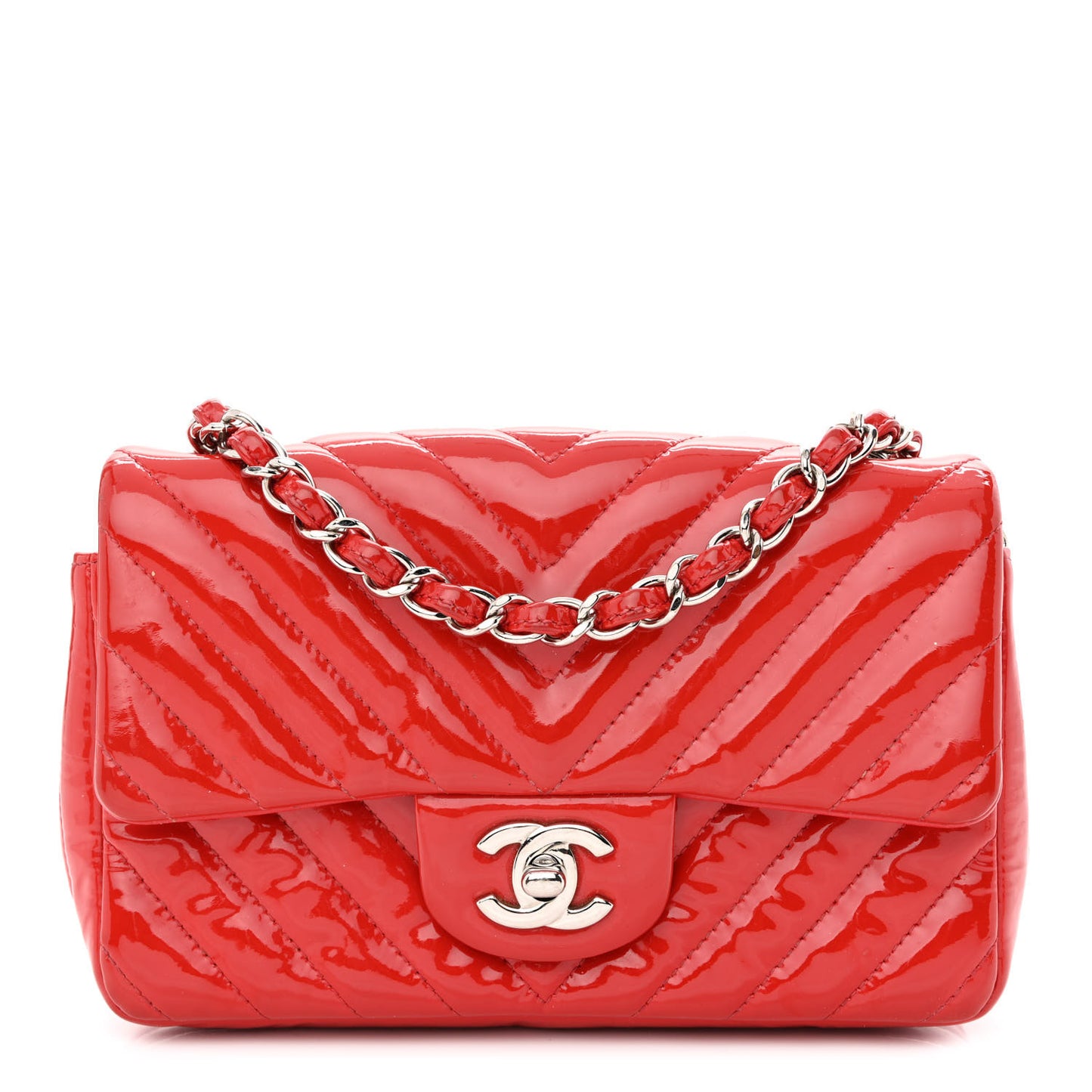 Patent Calfskin Chevron Quilted Mini Rectangular Flap Red