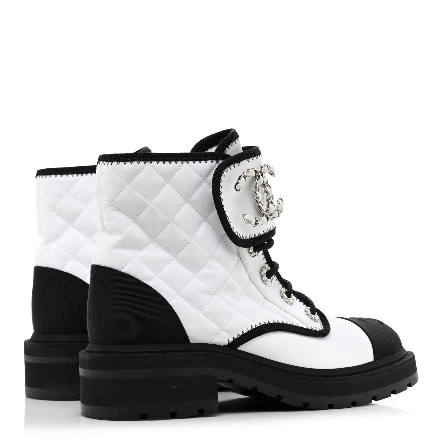 Fabric Grosgrain Quilted Cap Toe Lace Up Combat Boots 37 White Black