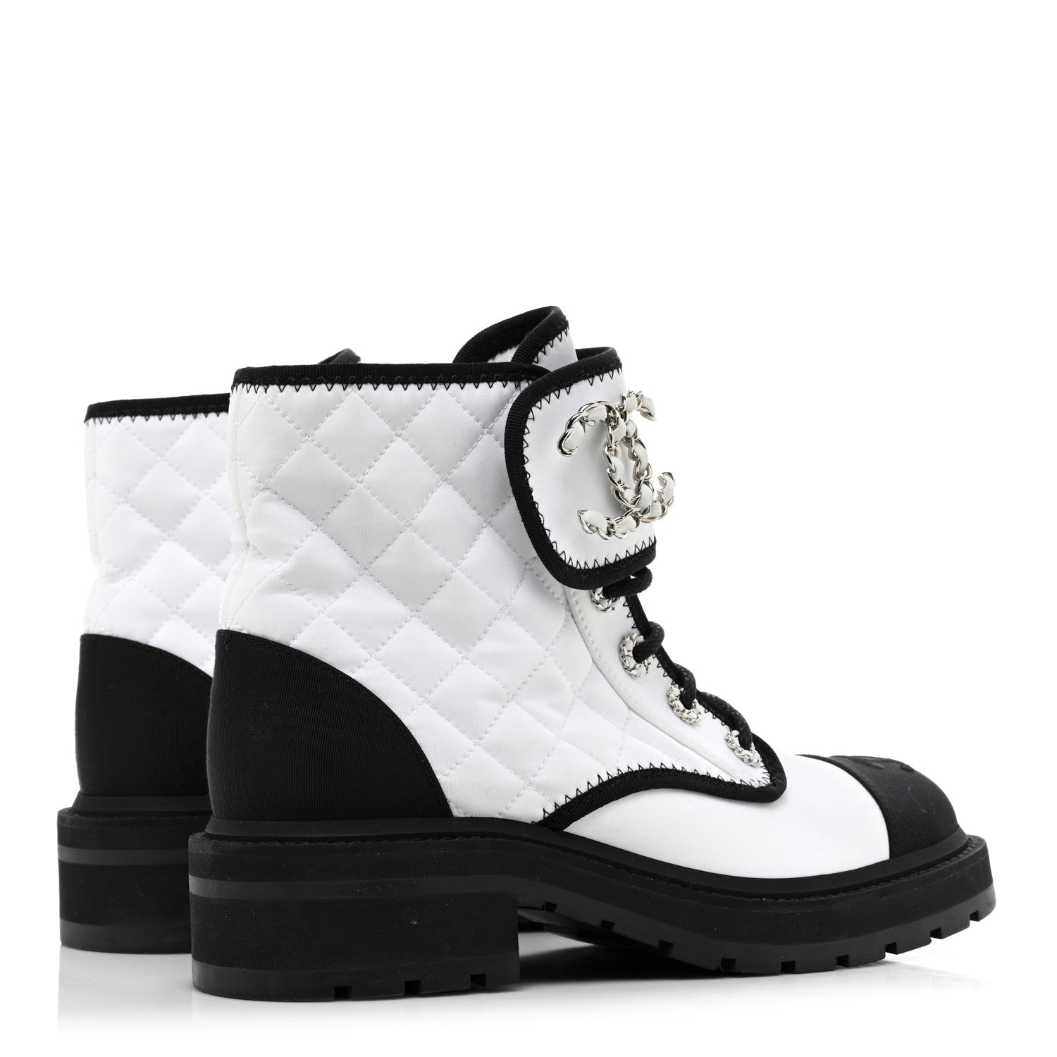 Chanel Fabric Grosgrain Quilted Cap Toe Lace Up Combat Boots 37 White Black 4 of 11