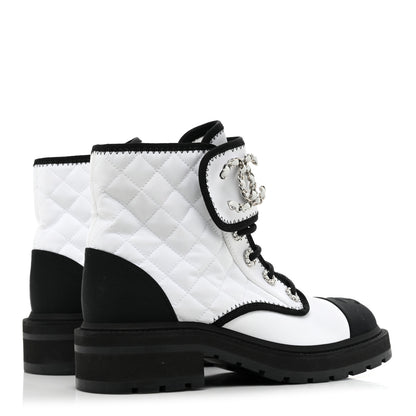 Chanel Fabric Grosgrain Quilted Cap Toe Lace Up Combat Boots 37 White Black 4 of 11