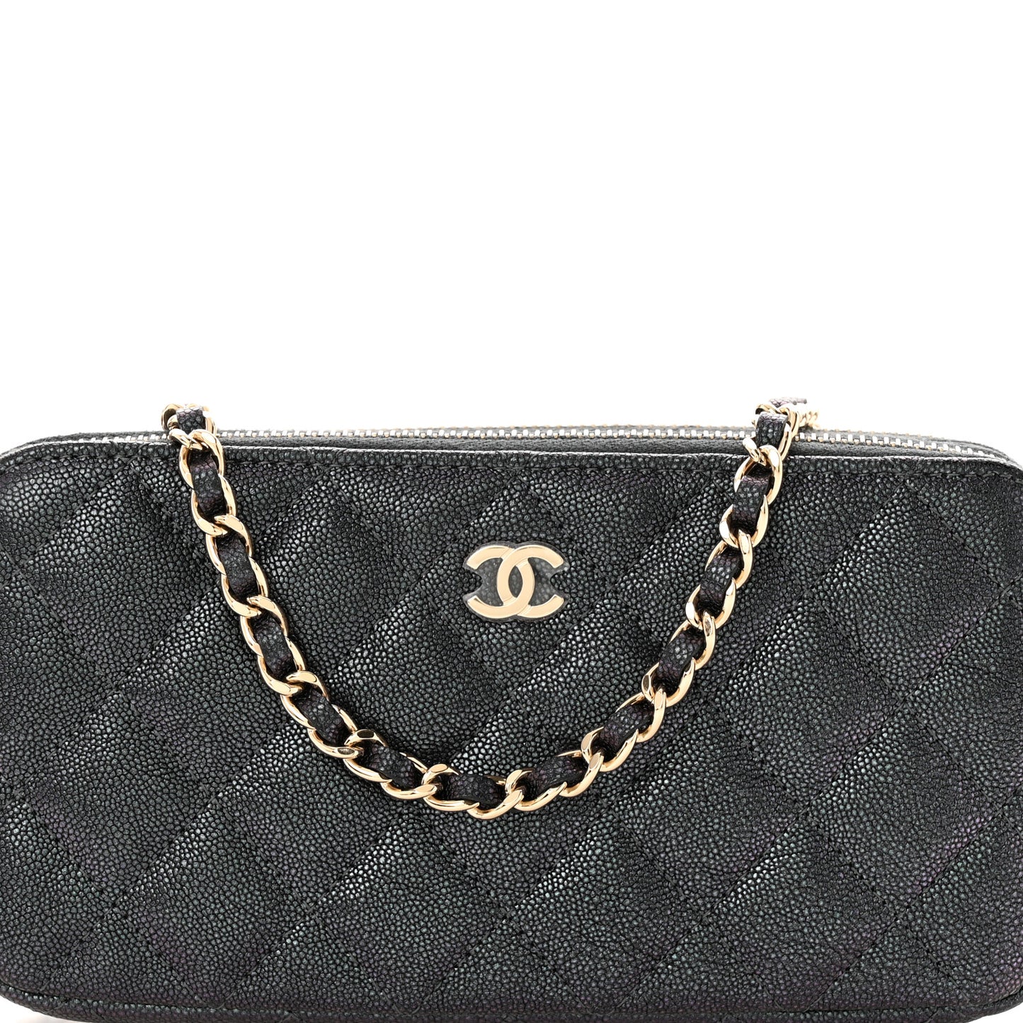 Iridescent Caviar Quilted Small Clutch With Chain Black