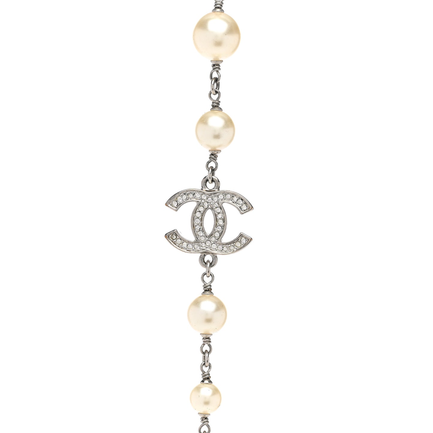 Graduated Pearl Crystal CC Long Necklace Silver