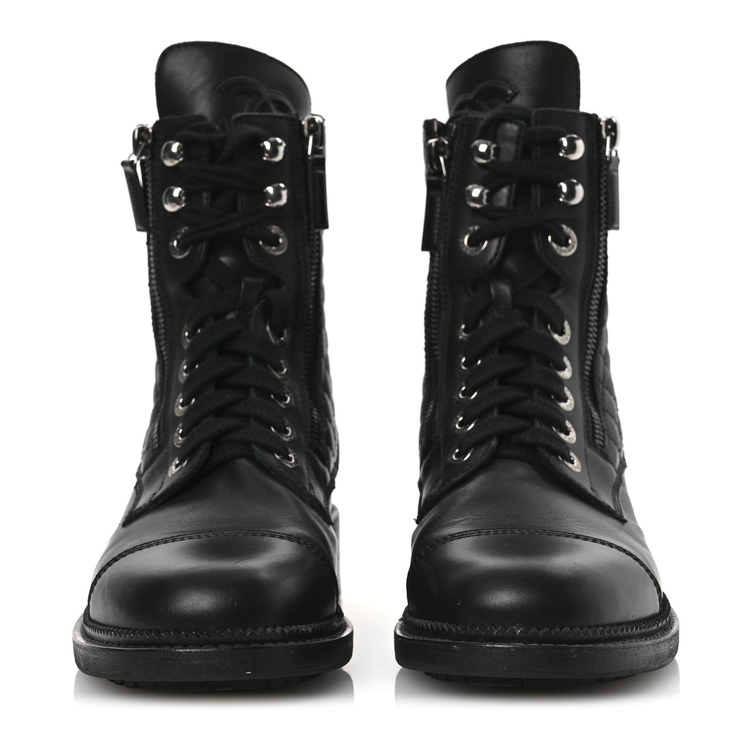 Calfskin Quilted Lace Up Combat Boots 37 Black