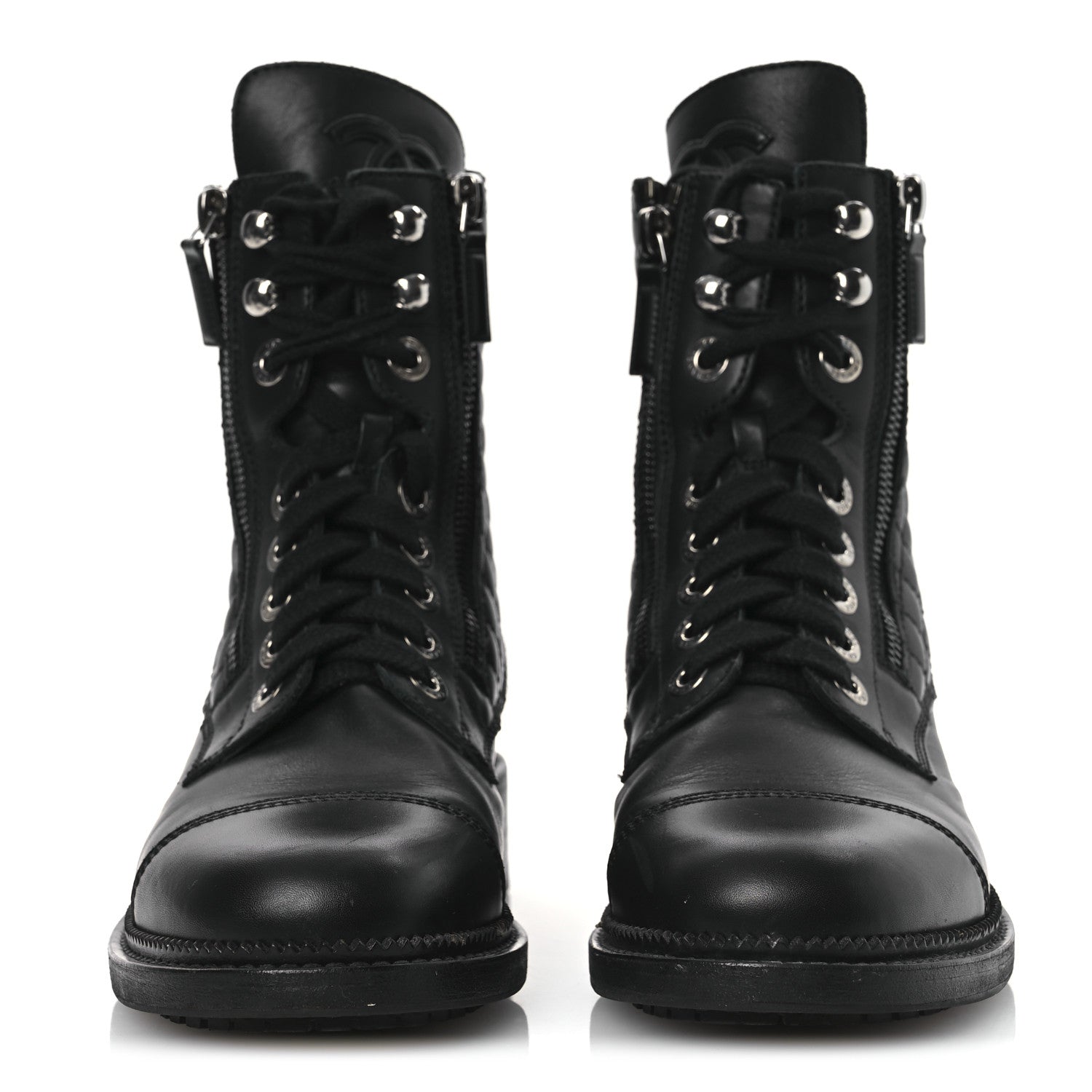 Chanel Calfskin Quilted Lace Up Combat Boots 37 Black 3 of 14