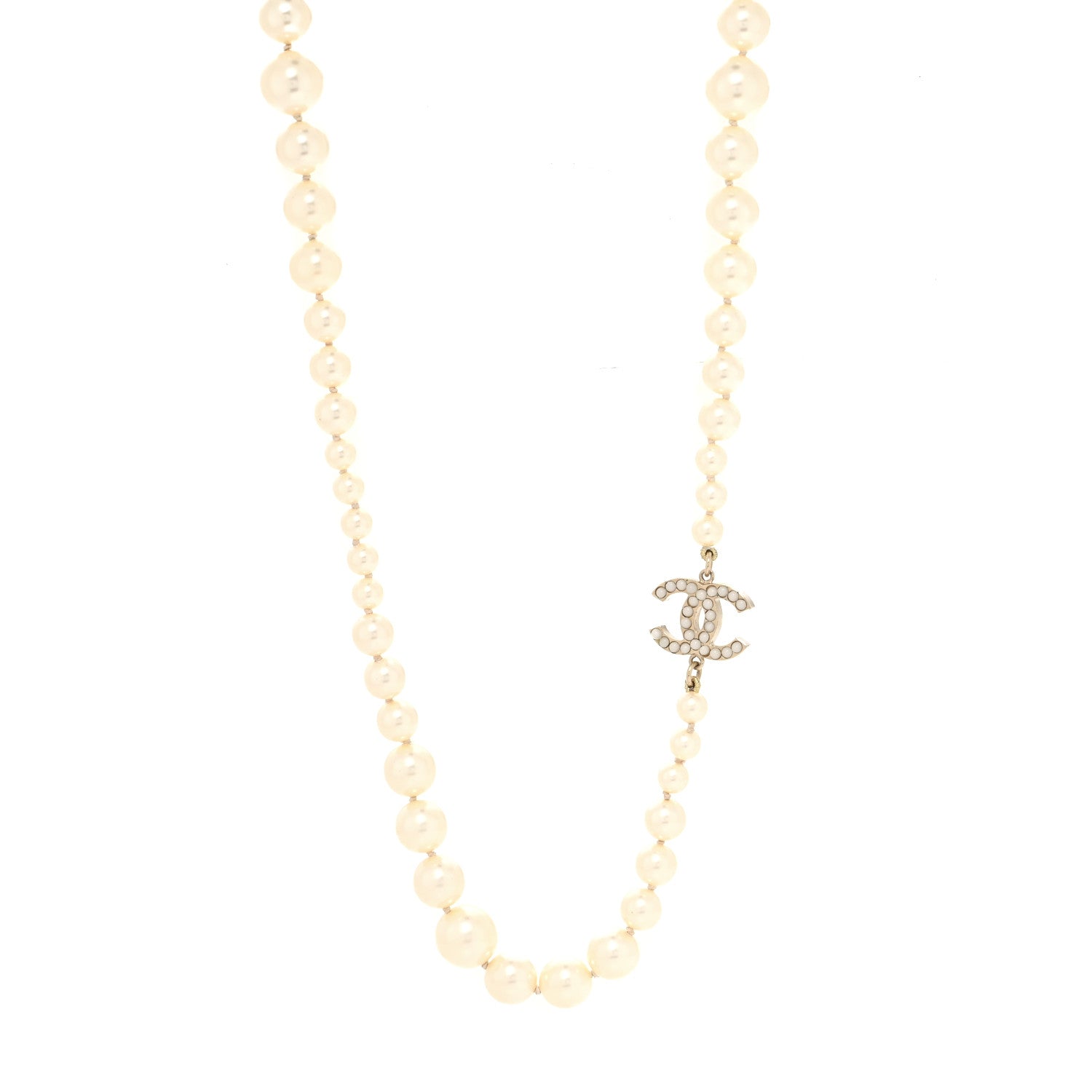 Chanel Crystal Pearl CC Long Necklace Silver 1 of 6