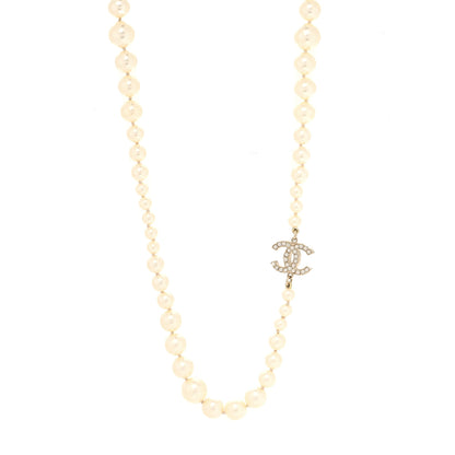 Chanel Crystal Pearl CC Long Necklace Silver 1 of 6
