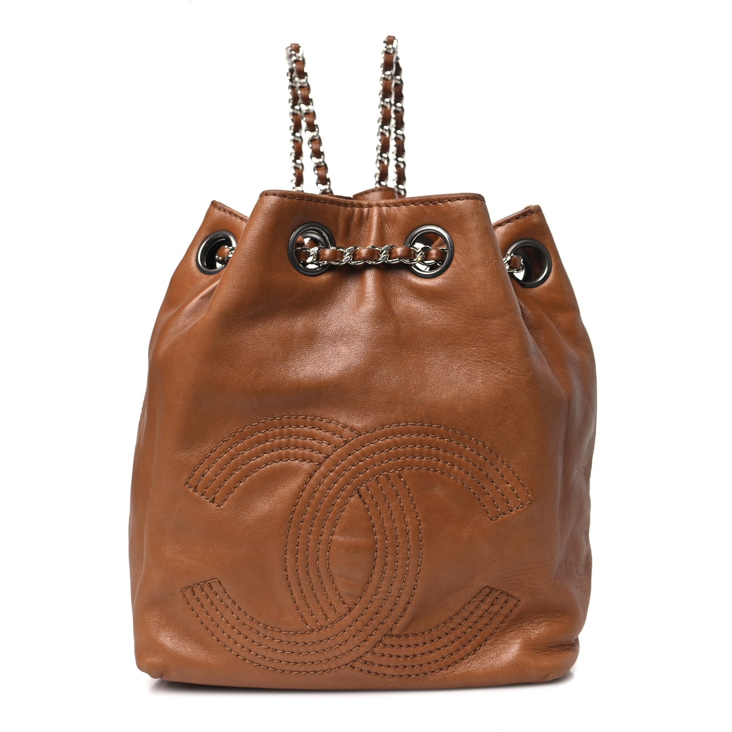 Lambskin CC Stitched Drawstring Bucket Backpack Tan