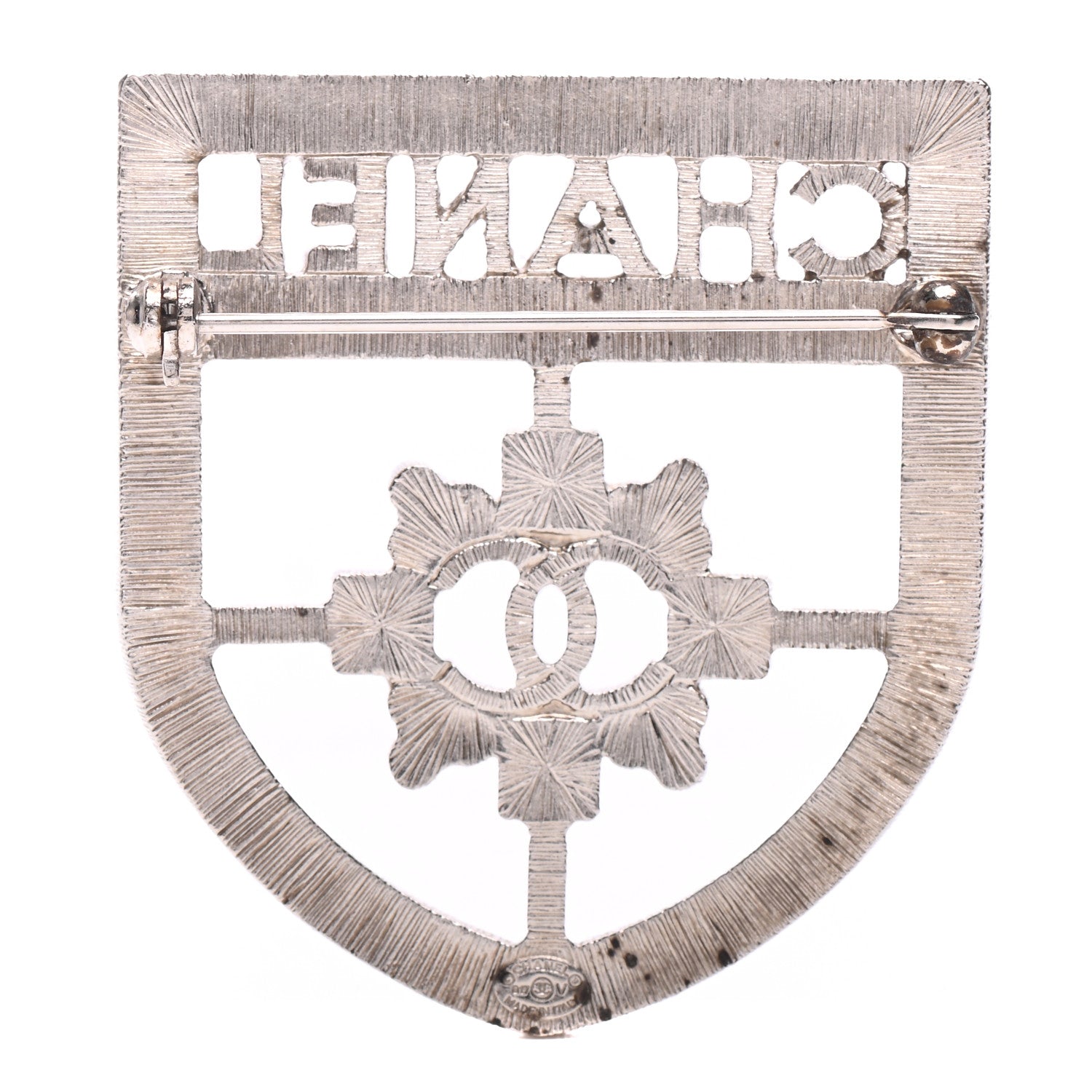 Chanel Swarovski Baguette Crystal CC Shield Brooch Silver 3 of 6