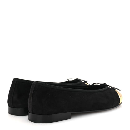 Chanel Suede Crackled Laminated Calfskin Cap Toe Ballerina Flats 36.5 Black Gold 5 of 11