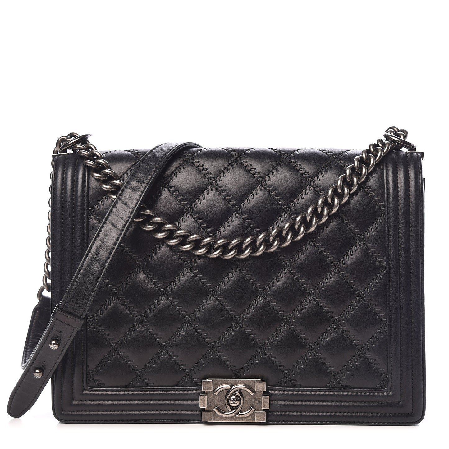 Calfskin Embossed Stitch Large Boy Flap Black