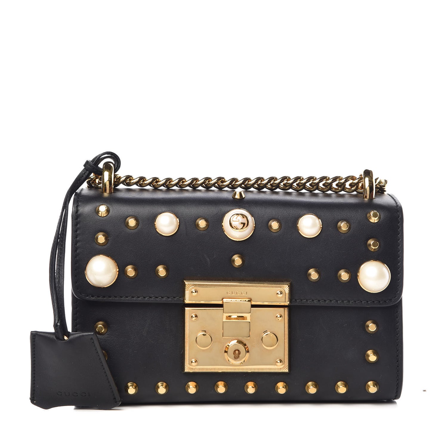 Calfskin Studded Small Padlock Shoulder Bag Black