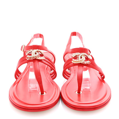 Chanel Lambskin Pearl Crystal CC Thong Sandals 38.5 Red 3 of 10