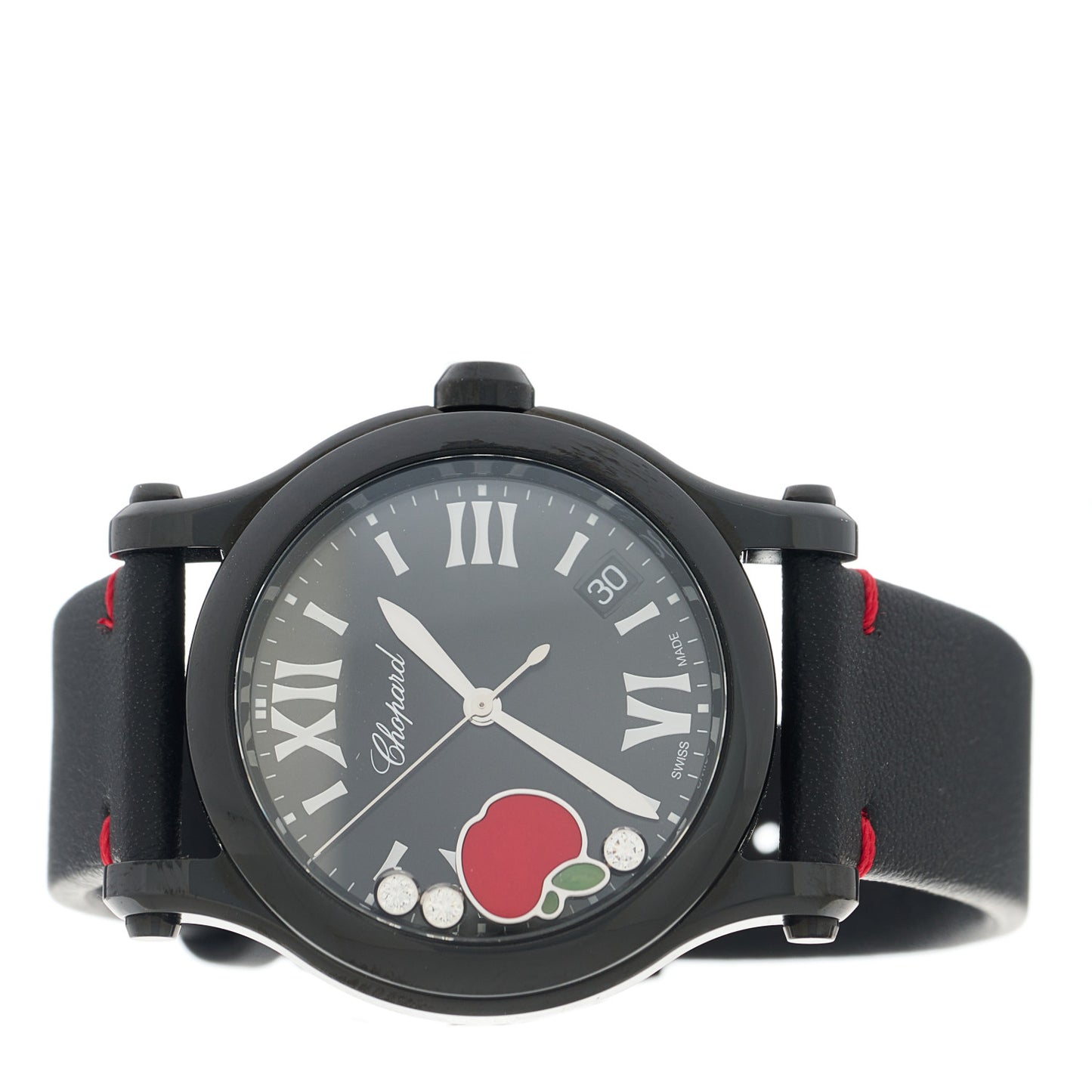 DLC Coated Lucent Calfskin 3 Diamond 36mm Happy Sport Quartz Watch Black