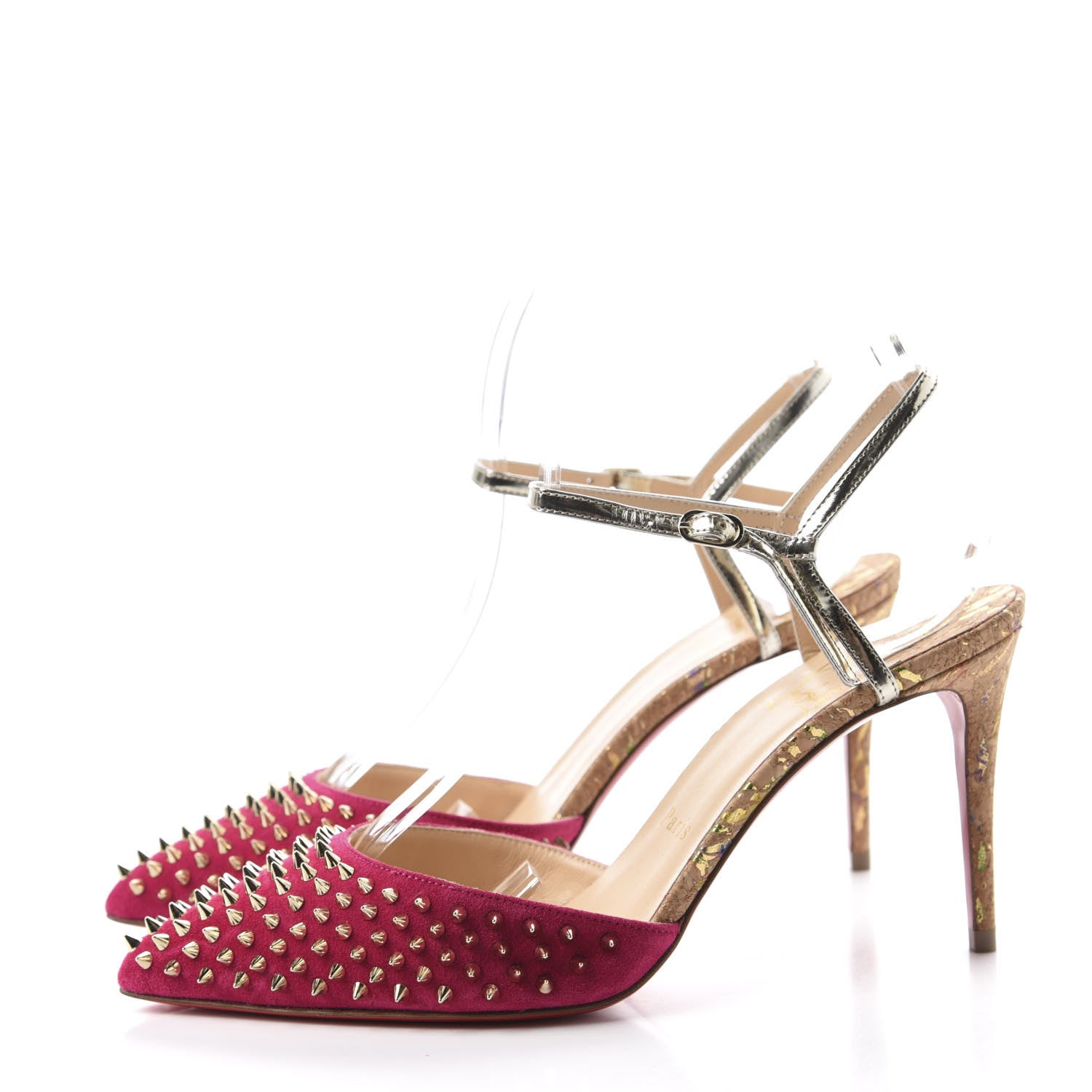 Christian Louboutin Suede Lame Cork Baila Spike 100 Pumps 37.5 Rosa 3 of 9
