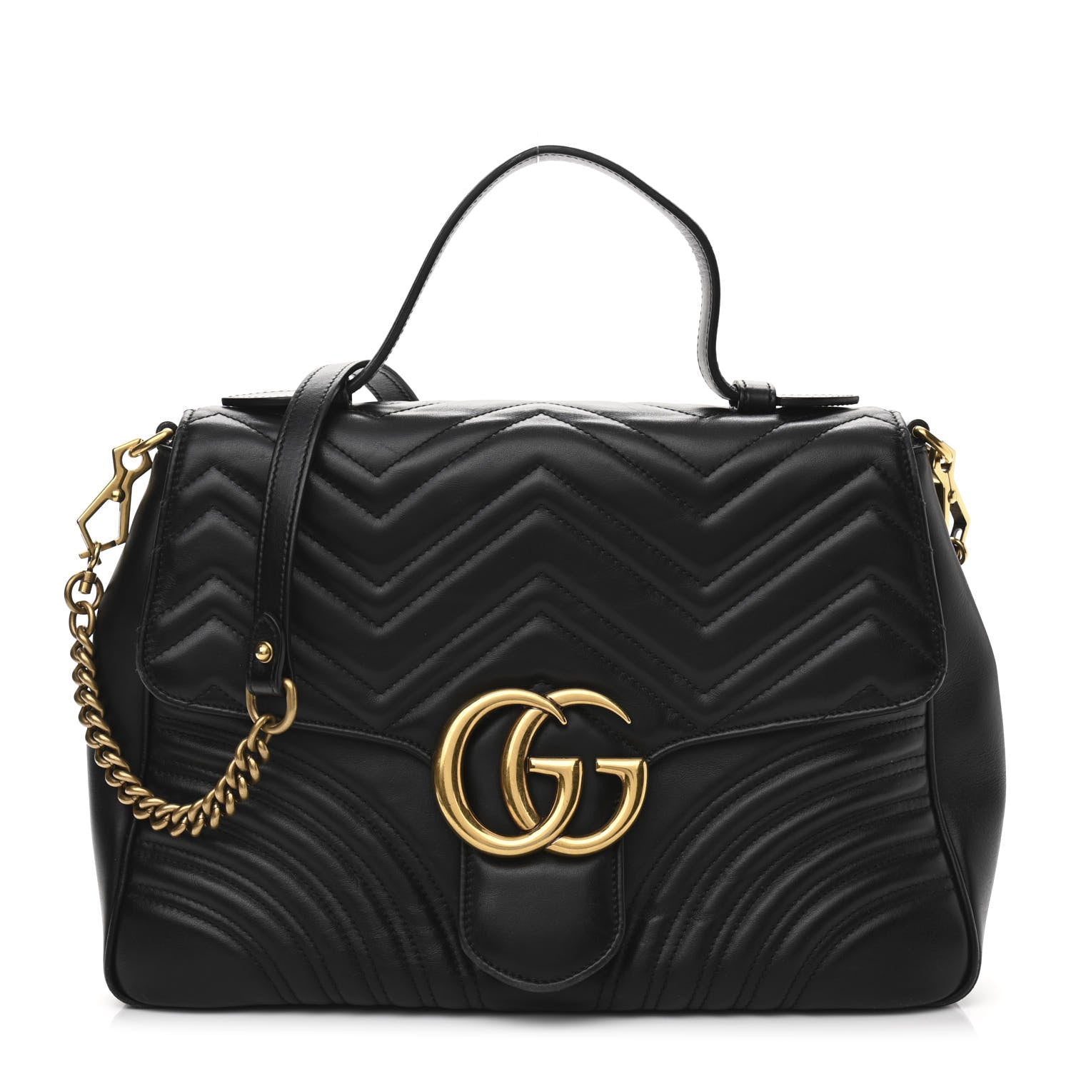 Gucci Calfskin Matelasse Medium GG Marmont Top Handle Shoulder Bag Black 1 of 16