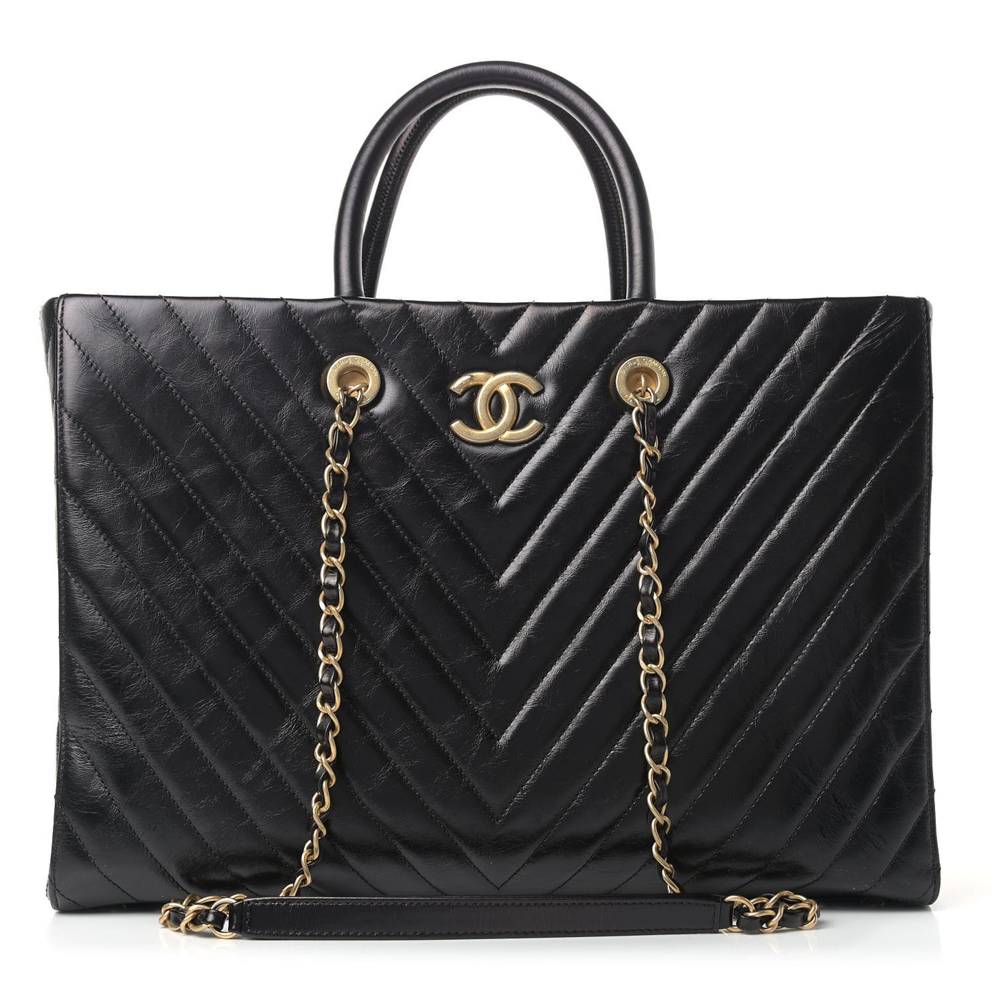 Aged Calfskin Chevron Large Coco Handle Shopping Tote Black