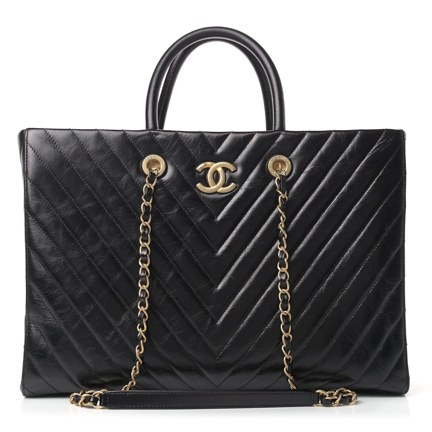 Chanel Aged Calfskin Chevron Large Coco Handle Shopping Tote Black 1 of 14