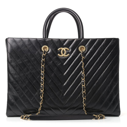 Chanel Aged Calfskin Chevron Large Coco Handle Shopping Tote Black 1 of 14